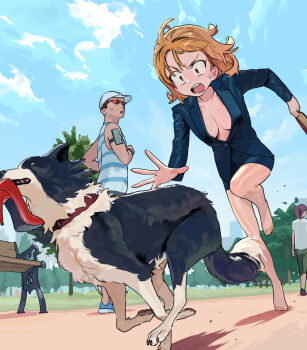 Rule 34 | 1boy, 2girls, barefoot, bench, blonde hair, blue jacket, blue skirt, blue tank top, breasts, chasing, cloud, cloudy sky, day, dog, hat, high heels, highres, jacket, medium breasts, multiple girls, no bra, office lady, open mouth, original, outdoors, park, park bench, pencil skirt, running, sekoshi (some1else45), skirt, sky, some1else45, suit jacket, sunglasses, sweat, tank top, tree, white hat