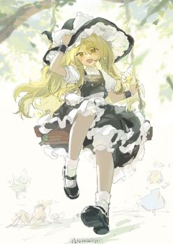 4girls :d alice_margatroid black_hat black_shoes black_skirt black_vest blonde_hair bow braid branch chinese_commentary cirno commentary double-parted_bangs full_body hair_between_eyes hair_bow hakurei_reimu hand_on_headwear hat hat_bow highres kirisame_marisa long_hair looking_at_viewer making-of_available mary_janes multiple_girls on_swing open_mouth puffy_short_sleeves puffy_sleeves shijiu_(shizuoxing) shirt shoes short_sleeves side_braid single_braid sitting skirt smile socks solo_focus swing touhou very_long_hair vest white_bow white_shirt white_socks witch_hat wrist_cuffs yellow_eyes