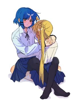 2girls ahoge arm_around_waist black_pantyhose blonde_hair blue_hair blue_skirt blush bocchi_the_rock! collared_shirt full-face_blush hair_ornament hand_on_another&#039;s_neck highres ijichi_nijika leg_lock long_hair long_sleeves looking_at_another mole mole_under_eye multiple_girls neck_ribbon pantyhose ribbon saiki_(mumei_912) shirt short_hair side_ponytail simple_background sitting skirt straddling upright_straddle white_background white_shirt yamada_ryo yellow_eyes yuri