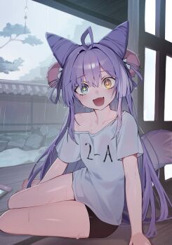 1girl absurdres ahoge blue_eyes blush collarbone commentary_request cone_hair_bun fang fox_girl fox_tail hair_bun hair_ornament heterochromia highres huingae_(njun0) korean_commentary off-shoulder_shirt off_shoulder pom_pom_(clothes) pom_pom_hair_ornament purple_hair purple_tail rain shirt short_sleeves single_bare_shoulder single_off_shoulder sitting solo stellive tail tenko_shibuki virtual_youtuber wet white_shirt yellow_eyes