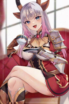 1girl absurdres akirarara animal_ears antlers armor blue_eyes breasts bridal_gauntlets brooch brown_gloves commission cup deer_antlers deer_ears deer_girl dress gauntlets gloves gradient_hair grey_hair highres holding holding_cup horns indie_virtual_youtuber jewelry long_hair looking_at_viewer multicolored_hair open_mouth pauldrons pink_hair red_dress shoulder_armor single_gauntlet single_glove single_pauldron sitting skeb_commission smile solo tanaka_(tps9g) teacup thighs virtual_youtuber