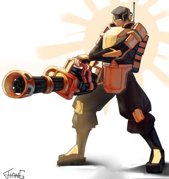 1boy armor artist_name black_boots black_gloves black_pants boots commentary corrupted_twitter_file english_commentary facing_ahead fingerless_gloves gloves gold_armor gun helmet highres holding holding_gun holding_weapon jiango knee_boots male_focus minigunner_(golden)_(tower_defense_simulator) minigunner_(tower_defense_simulator) official_alternate_color pants puffy_pants roblox shadow shoulder_armor simple_background solo standing tower_defense_simulator weapon white_background