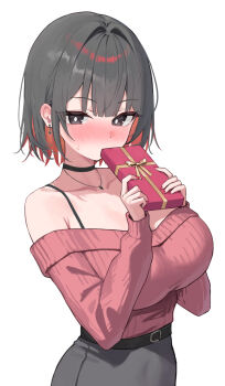 1girl belt black_belt black_choker black_eyes black_hair blush box bra_strap breasts bright_pupils choker collarbone commentary earrings gift gift_box grey_skirt hexia highres holding holding_gift jewelry long_sleeves mamuu_(hexia) morphling_(artist) necklace off_shoulder skirt solo sweat untranslatable_commentary white_background white_pupils