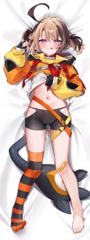 1girl :q ahoge asymmetrical_bangs bandaid bandaid_on_knee bandaid_on_leg barefoot bed_sheet belt bike_shorts black_tail blush brown_hair cameltoe chocola_vt clothes_lift clothing_cutout commentary dakimakura_(medium) dorsiflexion feet fingerless_gloves full_body gigi_murin gigi_murin_(1st_costume) gloves gluteal_fold highres hip_vent hololive hololive_english hooded_shrug huge_ahoge licking_lips loli long_sleeves looking_at_viewer lying midriff multicolored_hair multiple_belts no_shoes on_back orange_hood orange_shrug over-kneehighs red_eyes shirt shirt_lift short_hair short_twintails shorts shrug_(clothing) single_bare_foot single_over-kneehigh single_thighhigh socks solo striped_clothes striped_socks thighhighs toenails toes tongue tongue_out twintails two-tone_hair virtual_youtuber white_shirt zipper