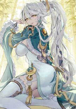 1girl adversarial_noise braid breasts china_dress chinese_clothes commentary crescent crescent_hair_ornament dress duplicate from_side genshin_impact grey_hair hair_ornament hand_up high_heels high_ponytail highres long_hair long_sleeves looking_at_viewer multicolored_eyes multicolored_hair parted_lips pixel-perfect_duplicate ponytail smile solo syuri22 thighhighs upper_body very_long_hair white_dress white_hair white_thighhighs yellow_eyes zibai_(genshin_impact)