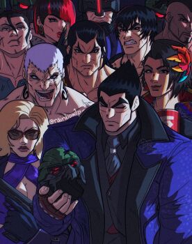 bryan_fury coat crazy_smile group_picture group_profile highres holding holding_skull lineup meme mishima_kazuya multiple_boys multiple_girls nina_williams open_clothes open_coat profile rainbow1p serious skull smile tekken tekken_8 viltrumite_group_shot_(meme)