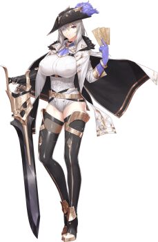 1girl blue_eyes breasts card coat eyepatch full_body game_asset hat high_heels kageshio_(276006) kyonyuu_fantasy_burst large_breasts medium_hair official_art sword third-party_source weapon white_hair