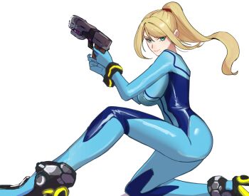 1girl absurdres amausa_subee blonde_hair blue_bodysuit bodysuit breasts commentary_request from_side green_eyes gun handgun high_ponytail highres holding holding_gun holding_weapon long_hair medium_breasts metroid mole mole_under_mouth multicolored_bodysuit nintendo on_one_knee ponytail samus_aran simple_background skin_tight smile solo two-tone_bodysuit weapon white_background zero_suit
