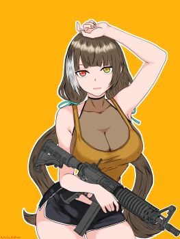 1girl :d arm_up bare_arms bare_shoulders black_shorts black_trim breasts brown_hair cimol95 cleavage collarbone commentary covered_collarbone covered_erect_nipples cowboy_shot dolphin_shorts dot_nose english_commentary fingernails fishnet_top fishnets girls'_frontline girls'_frontline_2:_exilium gun heterochromia highres holding holding_gun holding_weapon ibispaint_(medium) large_breasts leaning_to_the_side long_hair multicolored_hair open_mouth red_eyes ro635_(girls'_frontline) robella_(girls'_frontline_2) see-through_cleavage see-through_clothes shirt short_shorts shorts smile solo streaked_hair submachine_gun tank_top teeth thighs twintails two-tone_hair upper_teeth_only very_long_hair weapon white_hair white_streaks white_trim yellow_eyes yellow_shirt yellow_tank_top