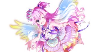 1girl ;d angers_(lapis_re:lights) armlet bare_shoulders bow bowtie bracelet dot_nose double-parted_bangs dress frilled_dress frills game_cg gold_armlet gold_bracelet gold_choker grey_eyes hair_bow hair_ornament highres jewelry lapis_re:lights layered_skirt long_hair looking_at_viewer official_art one_eye_closed open_mouth outstretched_arms pink_bow pink_hair pink_skirt purple_bow purple_ribbon ribbon sandals short_twintails simple_background skirt sleeveless sleeveless_dress smile solo third-party_source transparent_background transparent_wings twintails white_bow white_bowtie white_dress white_sandals white_skirt white_wings wings yellow_skirt