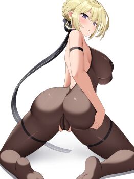 1girl absurdres ass blonde_hair bluerabbit_gap blush breasts cameltoe earrings evelyn_chevalier hair_between_eyes hand_on_own_ass hand_on_own_crotch highres jewelry large_breasts looking_at_viewer looking_back no_shoes parted_lips purple_eyes sideboob sidelocks simple_background soles solo thighs white_background zenless_zone_zero