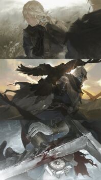 1boy 1girl armor bird blonde_hair blood blue_surcoat duchess_(elden_ring) earrings elden_ring elden_ring_nightreign eye_mask gloves half_eye_mask hashtag-only_commentary hawk helmet jewelry mask outdoors pocket_watch ramiica404 scale_armor single_earring sword watch weapon white_gloves winged_helmet wylder_(elden_ring)