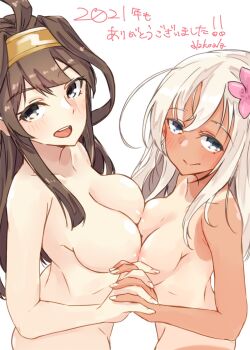 Rule 34 | 2girls, :d, ahoge, alakoala, ass, asymmetrical docking, blonde hair, blue eyes, blush, breast press, breasts, brown hair, collarbone, commentary request, completely nude, dated, double-parted bangs, flower, from side, grey eyes, hair between eyes, hair flower, hair ornament, hair rings, hairband, highres, holding hands, kantai collection, kongou (kancolle), long hair, looking at viewer, medium breasts, multiple girls, nipples, nude, open mouth, pink flower, ro-500 (kancolle), sidelocks, simple background, small breasts, smile, tan, tanline, teeth, translation request, upper body, upper teeth only, white background, yellow hairband, yuri