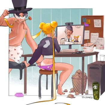 1boy 2girls bare_legs barefoot bishoujo_senshi_sailor_moon black_jacket black_necktie blonde_hair bowl chiba_mamoru collared_shirt coronavirus_pandemic cup double_bun english_text eye_mask flower flower_in_mouth from_behind glasses hair_bun hat highres jacket leg_up long_hair luna_(sailor_moon) male_underwear mask monitor multiple_girls necktie nipples no_pants onlyfans panties panty_pull pet_bowl philtomato print_male_underwear purple_panties red_flower shirt signature sitting stool suit_jacket table top_hat trash_can tsukino_usagi tuxedo_kamen underwear underwear_only very_long_hair video_call white_male_underwear white_shirt