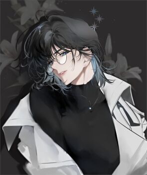 1girl black_hair black_shirt blue_eyes bob_cut character_request check_character coat colored_inner_hair glasses han_sooyoung head_tilt high_collar hinizana jewelry looking_at_viewer mole mole_under_eye multicolored_hair necklace omniscient_reader&#039;s_viewpoint open_clothes open_coat parted_lips popped_collar shirt short_hair solo upper_body white_coat white_lily