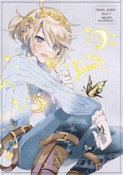 1boy :d belt blonde_hair blue_eyes blue_pants blue_shirt boots brown_belt brown_boots bug butterfly candy character_name eric_knikki fang feet_out_of_frame food frilled_gloves frills gloves head_wreath holding holding_candy holding_food holding_lollipop identity_v insect leg_brace lollipop looking_at_object luca_balsa luca_balsa_(moon_bound) male_focus moon_(ornament) official_alternate_costume open_mouth pants ponytail puffy_sleeves shirt sitting smile solo striped_blush twitter_username watermark white_gloves