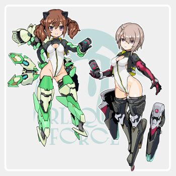 alice_gear_aegis armor black_jacket black_thighhighs blue_eyes breasts brown_hair cerauniae circle_cutout cleavage_cutout clothing_cutout commentary_request companion/af covered_collarbone front_zipper full-length_zipper full_body grey_hair heattech_leotard highleg highleg_leotard jacket kimikage_yui leotard looking_at_viewer medium_breasts multicolored_leotard murao_mira purple_eyes race_queen short_hair thighhighs turtleneck twintails twintails_with_hair_base two-tone_leotard white_leotard zipper zipper_leotard zipper_pull_tab
