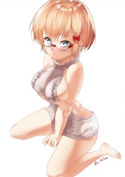 1girl arm_under_breasts artist_name bare_shoulders blue_eyes blush bokutachi_wa_benkyou_ga_dekinai bow breasts cleavage collarbone dress feet glasses hair_bow highres large_breasts legs looking_at_viewer ogata_rizu orange_hair puffy_cheeks red-framed_eyewear red_bow short_hair signature sitting solo sweater sweater_dress thighs toes virgin_killer_sweater white_background zasshu