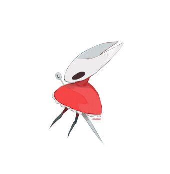 1girl artist_name black_eyes cloak commentary frilled_skirt frills full_body fur-trimmed_cloak fur_trim highres hightguy hollow_knight hollow_knight:_silksong hornet_(hollow_knight) horns needle_(hollow_knight) red_cloak skirt solo symbol-only_commentary weapon weapon_on_back white_background