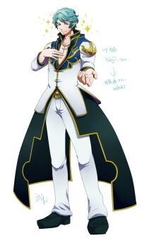 Rule 34 | 1boy, alternate color, artist collaboration, black coat, black shoes, blue hair, blue shirt, closed mouth, coat, commentary request, cross, cross necklace, flowery peko, full body, gold trim, high priest (ragnarok online), jewelry, long sleeves, looking at viewer, male focus, necklace, pants, pointy ears, purple eyes, ragnarok online, reaching, reaching towards viewer, reload9 yohji, shirt, shoes, short hair, simple background, smile, solo, sparkle, standing, two-tone shirt, white background, white pants, white shirt