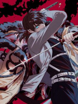 Rule 34 | 1boy, belt, black hair, black pants, black shirt, blue eyes, brown coat, chest harness, coat, coat on shoulders, dual wielding, easel (dam0628), fate/grand order, fate (series), formal clothes, fur-trimmed coat, fur trim, grey jacket, grey suit, harness, highres, holding, jacket, katana, lapels, looking at viewer, low ponytail, miyamoto iori (celebratory attire) (fate), miyamoto iori (fate), necktie, notched lapels, overcoat, pants, ponytail, shirt, short ponytail, solo, suit, sword, unbuttoned jacket, unsheathed, weapon, white belt, white necktie