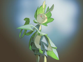 antennae arthropod_limbs bug commentary_request cowboy_shot from_below fusenryo gen_5_pokemon leavanny nintendo plant_monster pokemon pokemon_(creature) praying_mantis red_eyes simple_background smile solo tagme