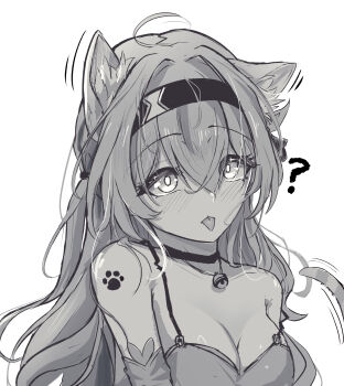 1girl ? absurdres animal_ears black_hairband blush breasts cat_ears cleavage detached_sleeves dress_straps firefly_(honkai:_star_rail) grey_hair greyscale hair_between_eyes hair_intakes hairband hibachaaa highres honkai:_star_rail honkai_(series) large_breasts monochrome paw_print simple_background strap tongue tongue_out white_background