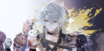 1boy absurdres aglaea_(honkai:_star_rail) anaxa_(honkai:_star_rail) antenna_hair black_choker black_shirt blood blood_on_face blood_splatter blue_eyes castorice_(honkai:_star_rail) chess_piece choker coat flame_reaver_of_the_deepest_dark highres holding holding_chess_piece honkai:_star_rail honkai_(series) lilaclilac00 male_focus mydei_(honkai:_star_rail) neck_tattoo parted_bangs phainon_(honkai:_star_rail) shirt short_hair solo split_theme sun_symbol sun_tattoo tan tattoo tribbie_(honkai:_star_rail) white_coat white_hair yellow_blood