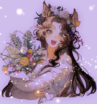 1girl :d animal_ears bare_shoulders bouquet brown_hair commission crop_top deer_ears deer_girl ear_tag flower flower_wreath green_eyes head_wreath highres holding holding_bouquet hugging_object ing_(ing205509) jessica_(reverse:1999) light_particles long_hair open_mouth purple_background reverse:1999 shirt smile solo sparkle upper_body white_flower white_shirt