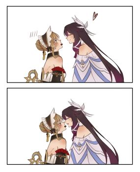 Rule 34 | 2girls, absurdres, bare shoulders, black collar, black hair, black sleeves, blue eyes, blush, blush stickers, bonnet, bow, breasts, brown hair, calermine, candy, chocolate, chocolate on face, closed eyes, closed mouth, collar, columbina (genshin impact), detached collar, detached sleeves, dress, food, food in mouth, food on face, genshin impact, hair bow, hair bun, hair ornament, head wings, headdress, heart, highres, imminent kiss, long hair, long sidelocks, long sleeves, multicolored hair, multiple girls, multiple wings, open mouth, purple hair, purple streaks, ribbon, sandrone (genshin impact), short hair with long locks, sidelocks, simple background, smile, streaked hair, two-tone hair, valentine, very long hair, white dress, white headdress, white wings, winding key, wing hair ornament, wings, yuri