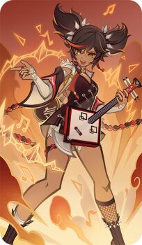 1girl bad_source black_boots black_hair boots brown_hair dark-skinned_female dark_skin fishnet_socks fishnets genshin_impact hair_between_eyes hairband holding holding_instrument instrument looking_at_viewer multicolored_hair music musical_note official_art open_mouth playing_instrument red_hair smile socks solo spiked_hairband spikes standing streaked_hair teeth twintails upper_teeth_only xinyan_(genshin_impact) yellow_eyes