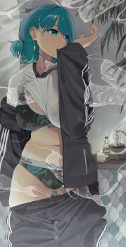 1girl adjusting_eyewear aqua_eyes black_jacket black_pants blue_hair breasts candle clothes_lift clothes_pull clothes_writing commentary_request earrings gluteal_fold green_sports_bra hair_ornament hairclip highres incense_burner indoors jacket jar jewelry large_breasts long_sleeves looking_to_the_side navel noeru one_side_up open_clothes open_jacket original pants pants_pull see-through_clothes see-through_shirt shirt shirt_lift short_hair skindentation smoke solo sports_bra sports_panties track_jacket track_pants whale white_shirt