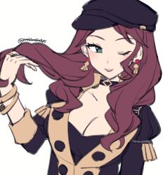 Rule 34 | 1girl, black choker, black hat, blush, breasts, brown hair, buttons, cabbie hat, choker, cleavage, commentary, do m kaeru, dorothea arnault, earrings, fire emblem, fire emblem: three houses, garreg mach monastery uniform, hat, jewelry, long hair, looking at viewer, nintendo, one eye closed, simple background, smile, solo, symbol-only commentary, twitter username, uniform, wavy hair, white background