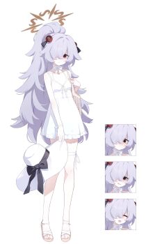 1girl :d ^_^ absurdres alternate_costume alternate_hairstyle anklet bag bare_arms bare_legs bare_shoulders black_bow blue_archive blush bow bra_strap bracelet breasts brown_eyes brown_halo casual choker closed_eyes closed_mouth dress empire_waist fluffy_hair frilled_dress frills full_body grey_hair hair_flaps hair_ornament hair_over_one_eye halo hand_up hat hat_bow high_ponytail highres holding holding_strap holding_unworn_clothes holding_unworn_hat jewelry kanoe_(blue_archive) long_bangs long_hair looking_at_viewer multiple_expressions nose_blush one_eye_covered open_mouth petite ponytail pursed_lips raised_inner_eyebrows ribbon sandals sh1on short_dress shoulder_bag simple_background sleeveless sleeveless_dress small_breasts smile solo sphere_hair_ornament standing sun_hat sundress thigh_strap toes unworn_hat unworn_headwear very_long_hair white_background white_choker white_dress white_hat white_ribbon white_sandals wide-eyed wide_ponytail