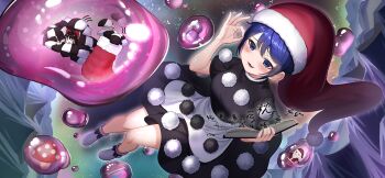 2girls :3 @_@ apron artist_request black_dress blob blue_eyes blue_hair blush book boots bow brown_hair doremy_sweet dream_soul dress frilled_bow frilled_hair_tubes frills game_cg gourd hair_bow hair_tubes hakurei_reimu hat holding holding_book long_hair multiple_girls mushroom nightcap nightmare non-web_source official_art open_book open_mouth pillow pom_pom_(clothes) red_bow red_hat santa_claus second-party_source short_hair smile touhou touhou_gensou_eclipse translation_request waist_apron white_apron white_boots wrench