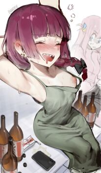 2girls absurdres blunt_bangs blush bocchi_the_rock! braid breast_slip breasts dress drunk enn_matien female_focus gotoh_hitori highres hiroi_kikuri large_breasts long_hair multiple_girls nipples no_bra pov purple_hair sharp_teeth smile squeans sweat teeth