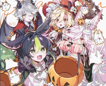 4boys absurdres alhaitham_(genshin_impact) animal_ear_fluff animal_ears ankake9yakisoba aqua_eyes basket bat_wings black_gloves black_hair black_jacket blonde_hair cyno_(genshin_impact) demon_horns demon_wings earrings food-themed_hair_ornament fox_ears genshin_impact gloves green_hair grey_hair hair_ornament hair_over_one_eye halloween halloween_costume happy_halloween hat highres holding holding_basket horns jack-o&#039;-lantern jacket jewelry kaveh_(genshin_impact) long_hair mouth_hold multicolored_hair multiple_boys open_mouth pumpkin_hair_ornament red_eyes red_hat short_hair skull_hair_ornament tighnari_(genshin_impact) vampire_costume wings witch_hat