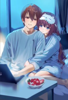 1boy 1girl a-chan_(little_busters!) arm_hug blue_eyes blush brown_eyes brown_hair commentary_request computer couple curtains food fruit head_on_another's_shoulder hetero highres indoors laptop little_busters! long_hair looking_at_another miiizuno_lbs natsume_kyousuke pajamas parted_lips sitting sleep_mask smile strawberry window