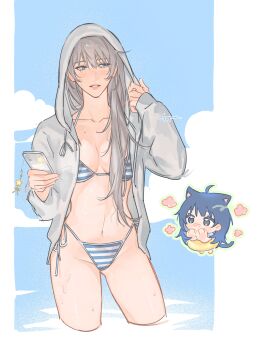 2girls 4aftrnoon absurdres animal_ears bikini blue_background blue_bikini blue_eyes blue_hair border breasts cat_ears cat_girl cat_tail chibi chibi_inset cleavage cowboy_shot cropped_legs genderswap genderswap_(mtf) grey_hair grey_hoodie hair_between_eyes hand_to_own_mouth hashtag-only_commentary highres holding holding_phone hood hood_up hoodie long_hair looking_at_another love_and_deepspace medium_breasts multiple_girls navel parted_lips phone protagonist_(love_and_deepspace) striped_bikini striped_clothes sweat swim_ring swimsuit tail twitter_username white_border xavier_(love_and_deepspace) yuri