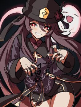 1girl absurdres black_background black_hat black_nails black_shorts blush boo_tao_(genshin_impact) bright_pupils brown_dress brown_hair chinese_clothes closed_eyes commentary cowboy_shot dress english_commentary enma_(enmanuelart) eyelashes fang flower flower-shaped_pupils genshin_impact glowing hair_between_eyes hands_up hat highres hu_tao_(genshin_impact) jewelry long_hair long_sleeves looking_at_viewer multiple_rings nail_polish open_mouth parted_lips plum_blossoms red_eyes red_flower ring shorts sketch skin_fang smile solo_focus symbol-shaped_pupils tailcoat teeth thighs very_long_hair white_pupils wide_sleeves