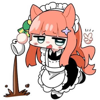 1girl alternate_costume animal_ears apron ball_hands black_dress black_shoes blue_eyes blunt_bangs blush_stickers chibi chibi_only coffee_mug commentary_request cup dress drinking_glass enmaided frilled_apron frilled_dress frills full_body hair_ornament holding holding_cup horse_ears horse_girl horse_tail jitome long_hair looking_at_viewer maid maid_headdress mug open_mouth orange_hair rayman_limbs shoes silence_suzuka_(umamusume) simple_background socks solo spilling standing standing_on_one_leg tail temu_(kobaeihuk) umamusume v white_apron white_background white_socks
