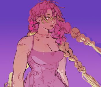 1girl alternate_costume bare_shoulders blue_background blush braid breasts cleavage closed_mouth dress earrings gradient_background green_hair hair_between_eyes heart heart_necklace jewelry kanroji_mitsuri kimetsu_no_yaiba large_breasts long_hair mole mole_under_each_eye mole_under_eye multicolored_hair multiple_braids multiple_moles muscular muscular_female necklace pink_dress pink_hair pink_lips rumaeinine solo spaghetti_strap two-tone_hair upper_body