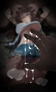 1girl 2boys after_fingering breasts brown_hair cleavage dark-skinned_male dark_skin foreshortening grabbing_another's_leg group_sex hands_on_another's_head hetero hilda_(pokemon) imminent_rape injury medium_hair multiple_boys navel nintendo one_eye_closed panties pokemon pokemon_bw through_clothes torn_clothes tsukishiro_saika underboob underwear