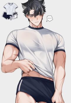 ... 1boy absurdres black_hair buruma closed_mouth commentary covered_pectorals cowboy_shot earrings embarrassed genshin_impact grey_hair hair_between_eyes highres jewelry large_pectorals male_focus midriff_peek multicolored_hair muscular muscular_male pectorals scar scar_on_arm scar_on_face scar_on_leg scar_on_neck shirt short_hair solcha solo spoken_ellipsis streaked_hair white_shirt wriothesley_(genshin_impact)