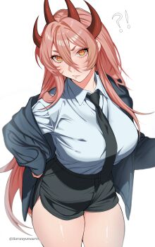 Rule 34 | !?, 1girl, absurdres, black jacket, black necktie, black skirt, blush, breasts, brown hair, chainsaw man, closed mouth, collared shirt, commentary request, curvy, demon horns, grey shirt, hair between eyes, harutoyumaarts, highres, horns, jacket, large breasts, long hair, long sleeves, looking at viewer, necktie, plump, power (chainsaw man), shirt, sidelocks, simple background, skirt, solo, standing, twitter username, white background