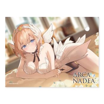 1girl arcanadea arm_rest arms_under_breasts bird_wings blonde_hair blue_eyes blurry blurry_background breasts cleavage copyright_logo feather_hair_ornament feathers hair_ornament hairband highres kotobukiya light_blush logo lumitea lying necomi off-shoulder_leotard official_art on_bed on_side pillow short_hair skirt smile solo third-party_source white_skirt wings