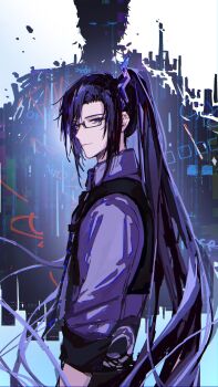 2boys absurdres arm_at_side black-framed_eyewear black_necktie black_vest blue_eyes blue_hair bubing chinese_commentary clarence_clayden clarence_clayden_(deimortem_era) clarence_clayden_(infinite_empire) closed_mouth collared_shirt commentary_request cropped_vest curtained_hair dual_persona from_side glasses glitch highres horns light_smile long_hair looking_at_viewer looking_to_the_side lovebrush_chronicles male_focus mole mole_under_eye multiple_boys necktie parted_bangs ponytail purple_shirt shirt sidelocks silhouette single_horn sleeves_rolled_up solo_focus text_background upper_body very_long_hair vest