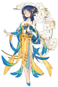 1girl absurdres blue_footwear blue_hair breasts cleavage dated dress closed_eyes flower flower_request full_body hair_rings highres ibex long_hair original ornament simple_background small_breasts solo standing watermark white_background