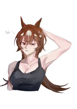 1girl animal_ears arm_behind_head bare_shoulders black_tank_top breasts brown_hair cleavage collarbone cropped_torso hair_between_eyes horse_ears horse_girl long_hair looking_at_viewer medium_breasts multicolored_hair negitoro_0326 parted_lips red_eyes simple_background sirius_symboli_(umamusume) solo streaked_hair tank_top umamusume white_background white_hair