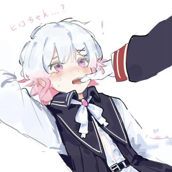 2girls asterito77 black_vest blush fang gloves gradient_hair hand_on_another&#039;s_face highres mahou_shoujo_no_majo_saiban multicolored_hair multiple_girls neck_ribbon nikaido_hiro pink_eyes pink_hair ribbon sakuraba_ema shirt translated vest white_gloves white_hair white_ribbon white_shirt yuri